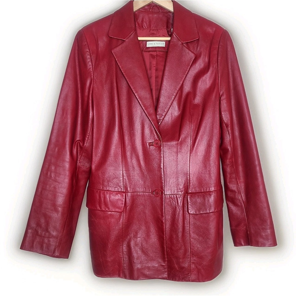 Lord & Taylor Red Leather Vtg Two Button L Blazer Jacket High End Street Style